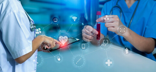Medicine doctor using digital healthcare and network connection on hologram modern virtual screen...