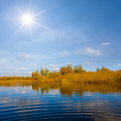 small quiet lake with forest on coast at sunny day, autumn natural background
