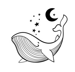 Boho line tattoo, whale with stars and moon, magic hand drawing. Bohemian childish print, mystical vector illustration isolated on white background. © Salomi art