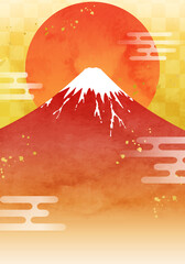 Fototapete 水彩の富士山と初日の出のお正月のベクターイラスト背景 赤富士 赤 朝日 金 市松模様 テクスチャ 日本 年賀状素材 コピースペース Abbildung Honyojima