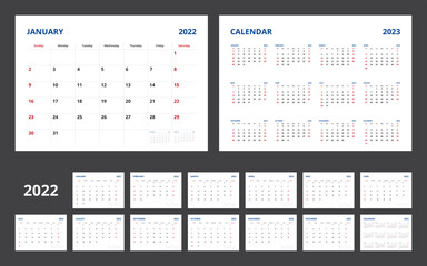 2022 calendar planner set for template corporate design week start on Sunday.