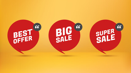 special retail promotion label sticker. best offer. big sell. super sell. red speech bubble paper style