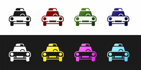 Set Police car and police flasher icon isolated on black and white background. Emergency flashing siren. Vector