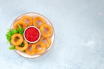 Squid rings. Deep fried calamari rings with tomato sauce and lettuce, shot from the top with a place for text