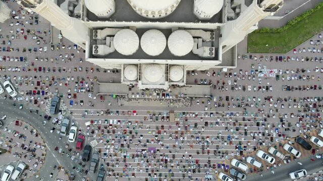 Top View: Faithful offers Eid Al Adha prayer at Al Noor Mosque in Sharjah, United Arab Emirates on July 20, 2021.