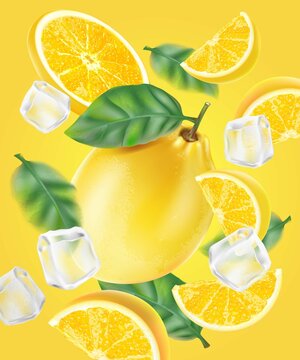 Fresh lemon splashing with ice cube and Packaging mock up in the middle isolated on solid color background. Realistic vector in 3D illustration.