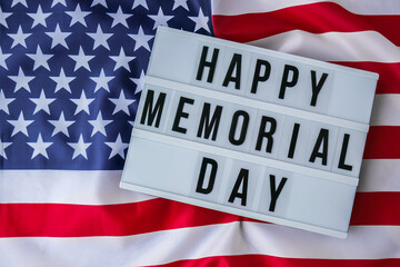 American flag. Lightbox with text HAPPY MEMORIAL DAY Flag of the united states of America. July 4th...
