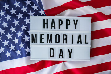 American flag. Lightbox with text HAPPY MEMORIAL DAY Flag of the united states of America. July 4th...
