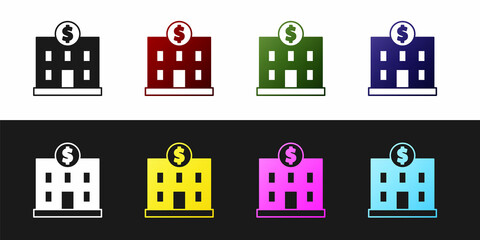 Set Bank building icon isolated on black and white background. Vector