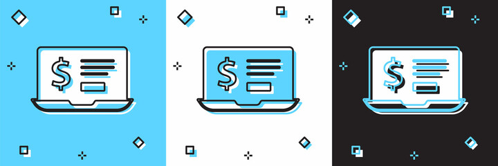 Set Laptop with dollar icon isolated on blue and white, black background. Sending money around the world, money transfer, online banking, financial transaction. Vector