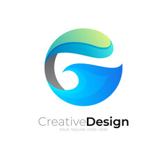 Letter G logo and wave design combination, blue logo template