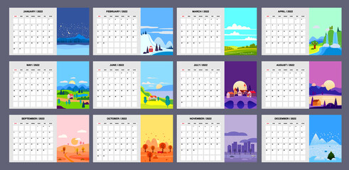 2022 Calendar Planner minimalistic landscape natural backgrounds of four seasons. Winter, Spring, Summer, Autumn. Monthly template for diary business. Week Starts Sunday. Vector isolated