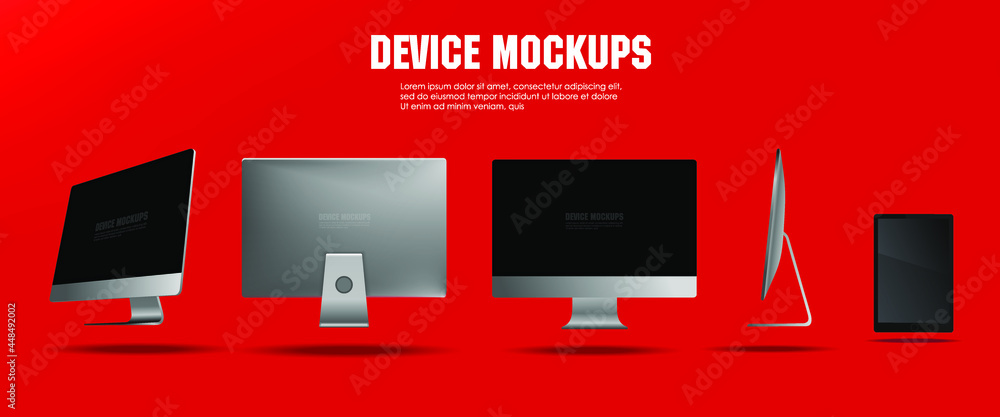 Poster realistic personal computer from different angles on a red background. presentation of a new generat