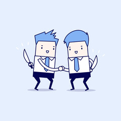 Businessman handshaking rivals with weapons behind. Cartoon character thin line style vector.
