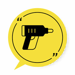 Black Electric cordless screwdriver icon isolated on white background. Electric drill machine. Repair tool. Yellow speech bubble symbol. Vector