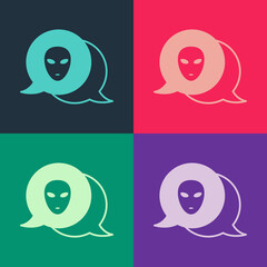 Pop art Alien icon isolated on color background. Extraterrestrial alien face or head symbol. Vector