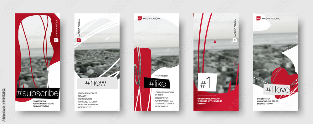 Poster template for social media stories. photo frame set for social networks. fluid shapes abstract compos