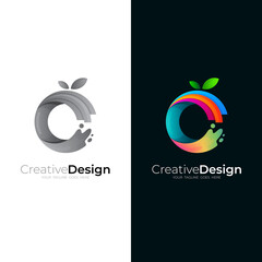 C logo with fruit design illustration, 3d colorful logo template