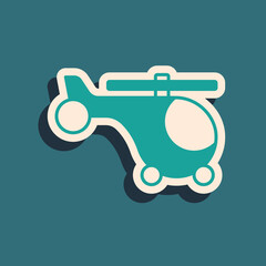 Green Helicopter aircraft vehicle icon isolated on green background. Long shadow style. Vector