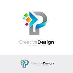Letter P logo with pixel design technology, line colorful logos