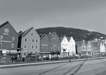 Monochrome Image of the Historic Hanseatic Buildings of Bryggen, UNESCO World Heritage Site in Bergen, Norway