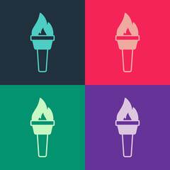 Pop art Torch flame icon isolated on color background. Symbol fire hot, flame power, flaming and heat. Vector