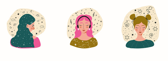 Girl Female Set Vector Background. Beauty Print.