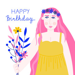 A woman with a wreath on her head. Lettering 