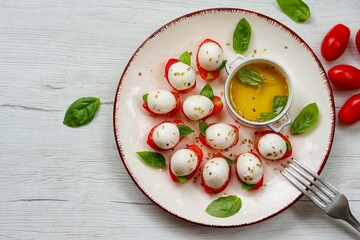 Italian Caprese salad finger food with mozzarella balls,grape tomatoes,basil,olive oil and dried oregano on plate with white wood table background.Easy and healthy vegetarian summer salad.Top view