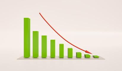 Declining bar chart with arrow. Columns in green, arrow in red. There is place to add text, for instance business use, statistics or education incase of negative trends. 3D illustration.