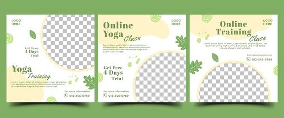 Yoga class social media post template. Natural banner concept design with green color ornament and place for the photo. Usable for promotion in social media, banner, and website.