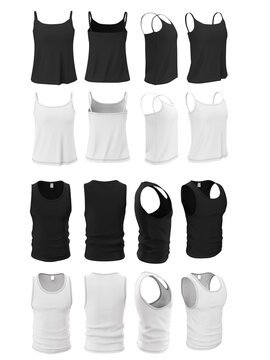 Mockup of clothes for women and men singlet. Black and white clothes isolated on a white background. Set from front, back, side.