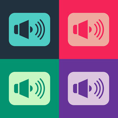 Pop art Speaker volume, audio voice sound symbol, media music icon isolated on color background. Vector