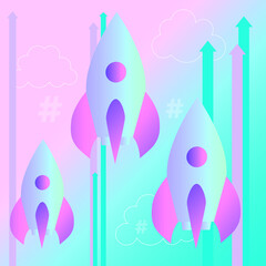 Rockets take off against the background of clouds and directed arrows fly to the target. It symbolizes victory, goal, career, mission and aspiration. For the design of materials, infographics, social 