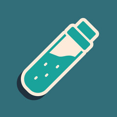 Green Bottle with potion icon isolated on green background. Flask with magic potion. Happy Halloween party. Long shadow style. Vector