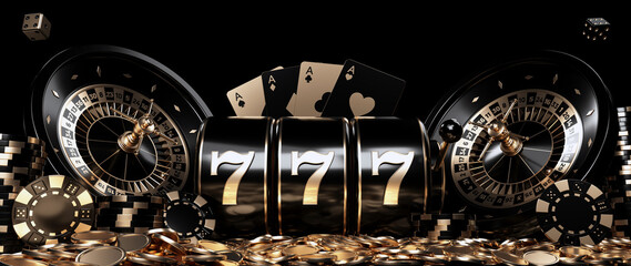 Roulette Wheels, Slot Machine, Four Aces, Casino Chips, Dices And Coins, Modern Black And Golden Isolated On The Black Background   - 3D Illustration	
