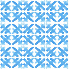 Watercolor portuguese tiles. Fabric print. Azulejo ornament. Seamless pattern navy blue. Spanish print, Mediterranean architecture. Raster stock illustration isolated on white background.