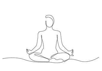Woman Lotus Yoga Pose One Line Drawing. Female Yoga Relax Line Drawing. Abstract Minimal Female Figure Continuous One Line Illustration. Lotus Pose Trendy Contour Drawing. Vector EPS 10.