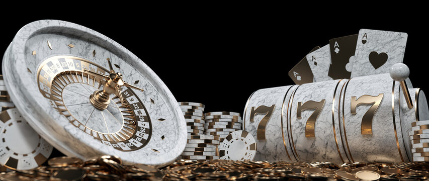 Roulette Wheel, Slot Machine, Four Aces Casino Chips And Coins, Modern White Marble And Golden Isolated On The Black Background   - 3D Illustration	

