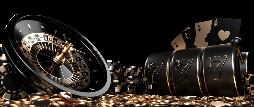 Roulette Wheel, Slot Machine, Four Aces Casino Chips And Coins, Modern Black And Golden Isolated On The Black Background - 3D Illustration	
