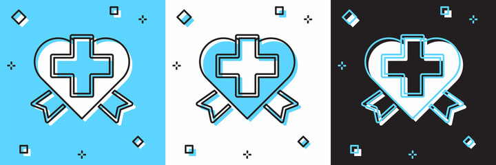 Set Heart with a cross icon isolated on blue and white, black background. First aid. Healthcare, medical and pharmacy sign. Vector