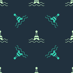 Green and beige Floating buoy on the sea icon isolated seamless pattern on blue background. Vector