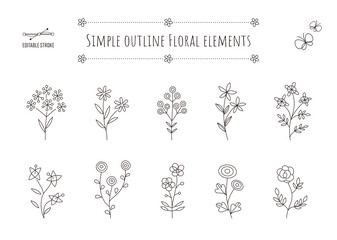 シンプルなアウトラインの花のエレメント・セット