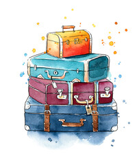 watercolor painting of a heap of vintage luggage bags