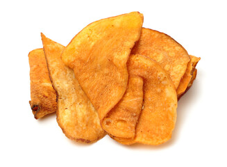 Stack of beet potato chips on white background