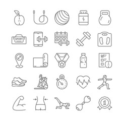Outline fitness icons. Contains such icons as gym, training, running, sports, diet, body-building, yoga, sport equipment. Editable stroke Set of flat vector illustrations isolated on white background