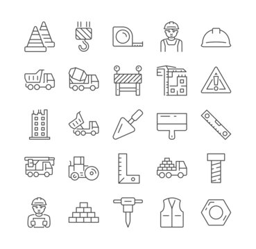 Construction and architecture thin line icons set. Outline symbols and signs collection. Editable stroke. Set of flat cartoon linear vector illustrations isolated on white background