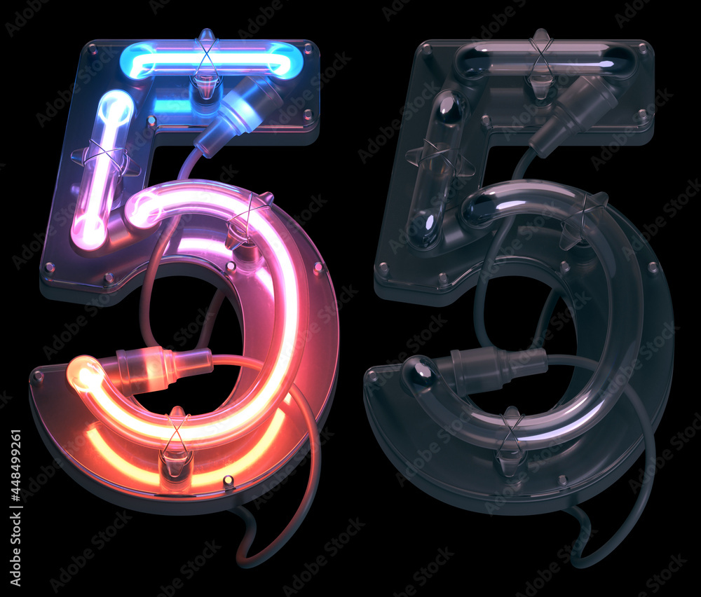 Sticker ultra neon font. turn off and on. number 5.