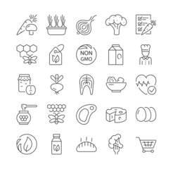 Thin line icons of healthy, organic food and diet. Outline signs and symbols collection. Onion, cheese vegetables, honey, carrot. Set of flat cartoon vector illustrations isolated on white background