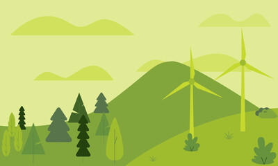This vector shows a green nature seen with hills and mountains. There is a forest with trees. There are two wind turbines among some shrubs and plants.